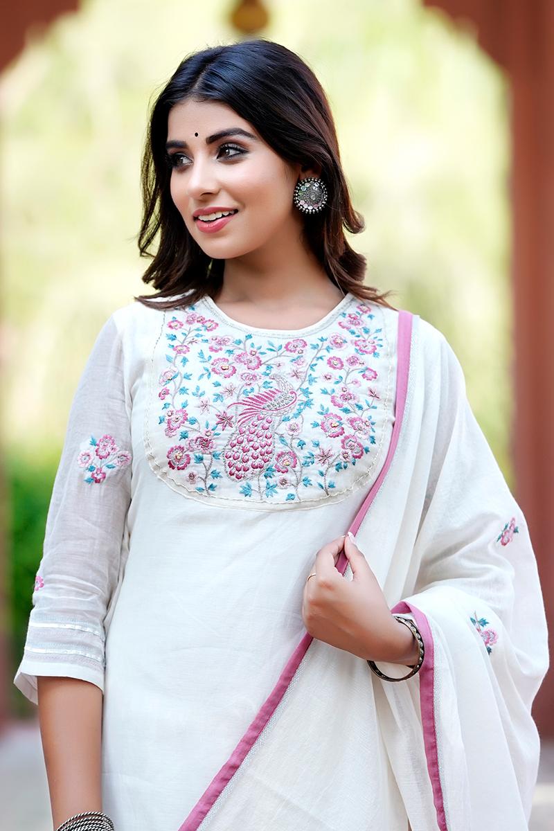 White Embroidered Chanderi Dupatta