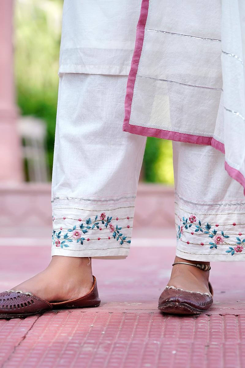 White Embroidered Chanderi Pant