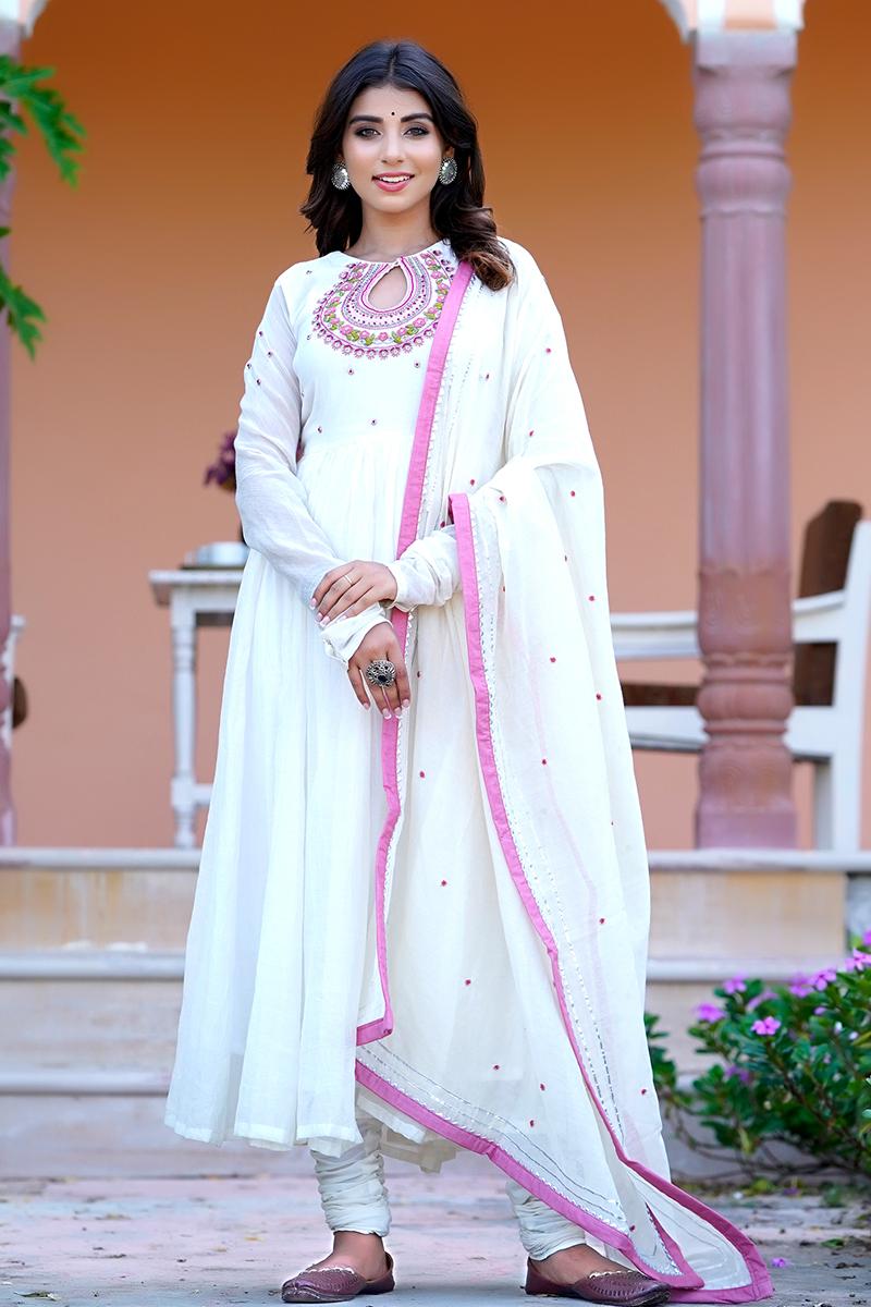 White Embroidered Chanderi Dupatta