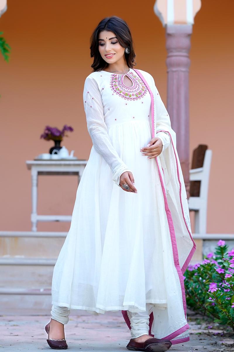 White Embroidered Chanderi  Kurta