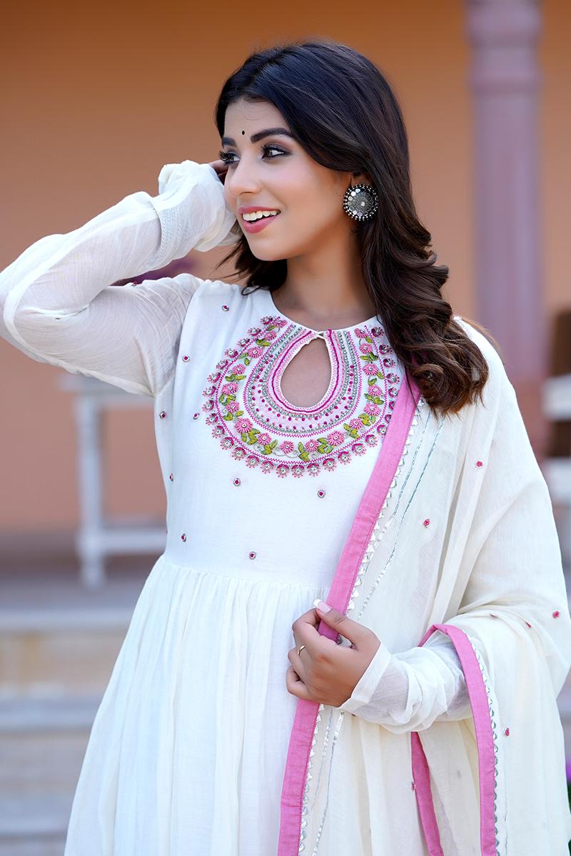 White Embroidered Chanderi  Kurta