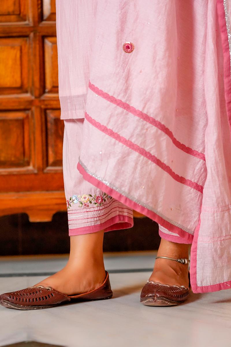 Rose Pink Embroidered Chanderi Suit Set of 3