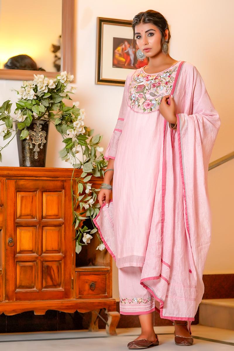 Rose Pink Embroidered Chanderi Suit Set of 3