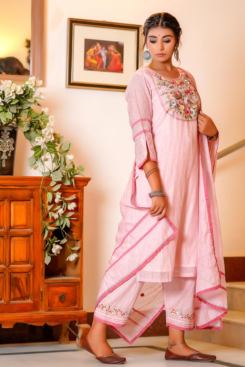 Rose Pink Embroidered Chanderi Suit Set of 3