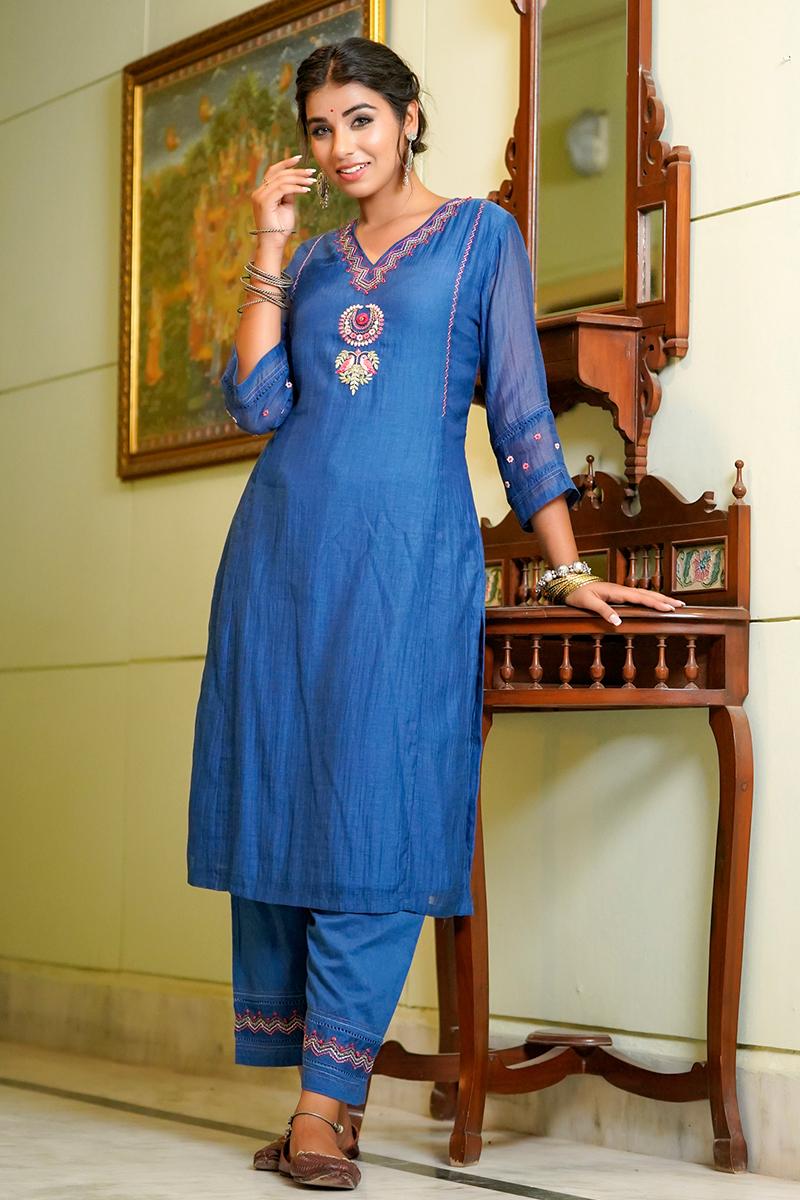 Royal BlueEmebroidery Chanderi Kurta