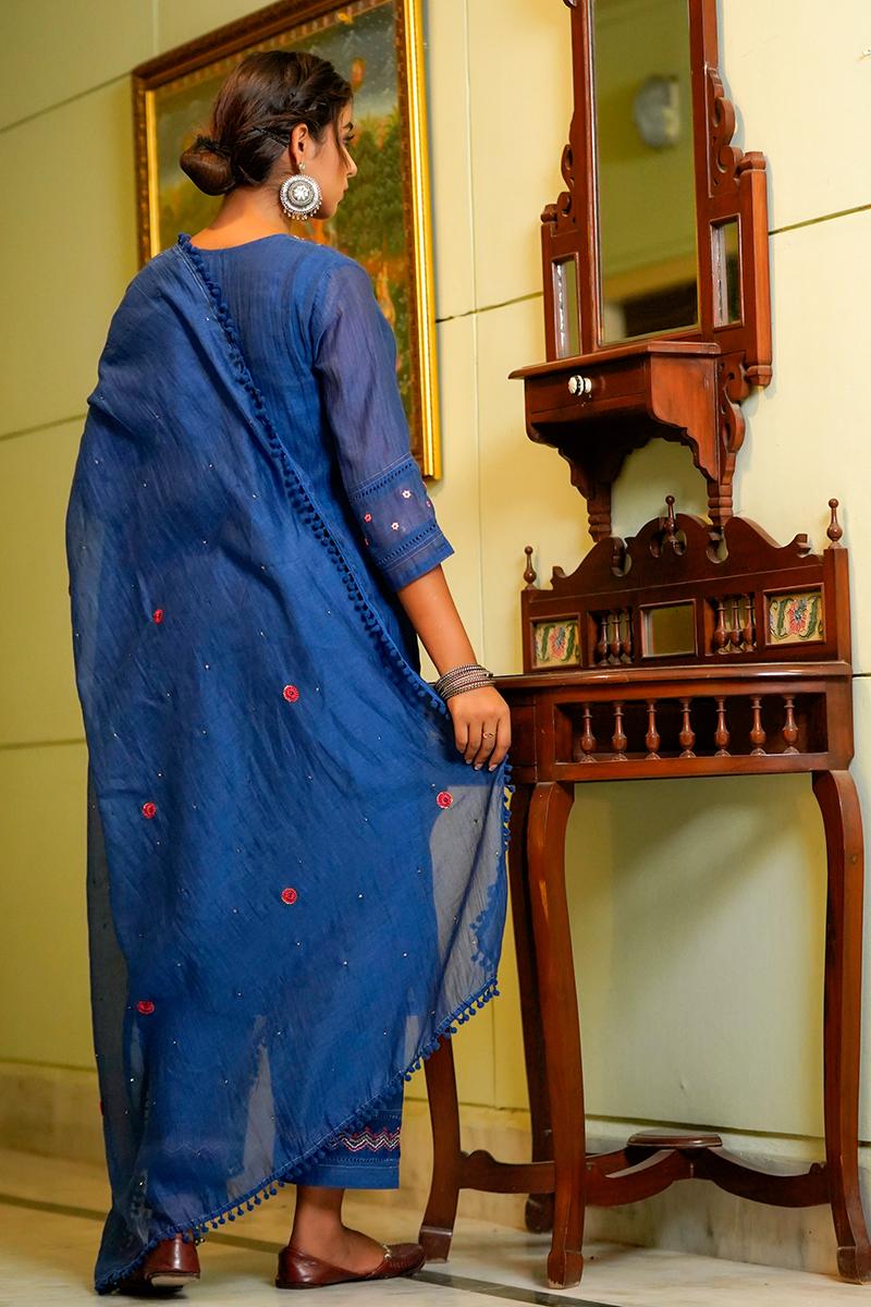 Royal BlueEmebroidery Chanderi Kurta