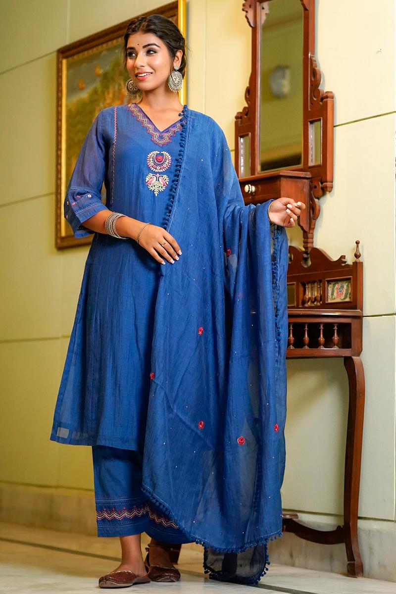 Royal Blue Emebroidery Chanderi Dupatta