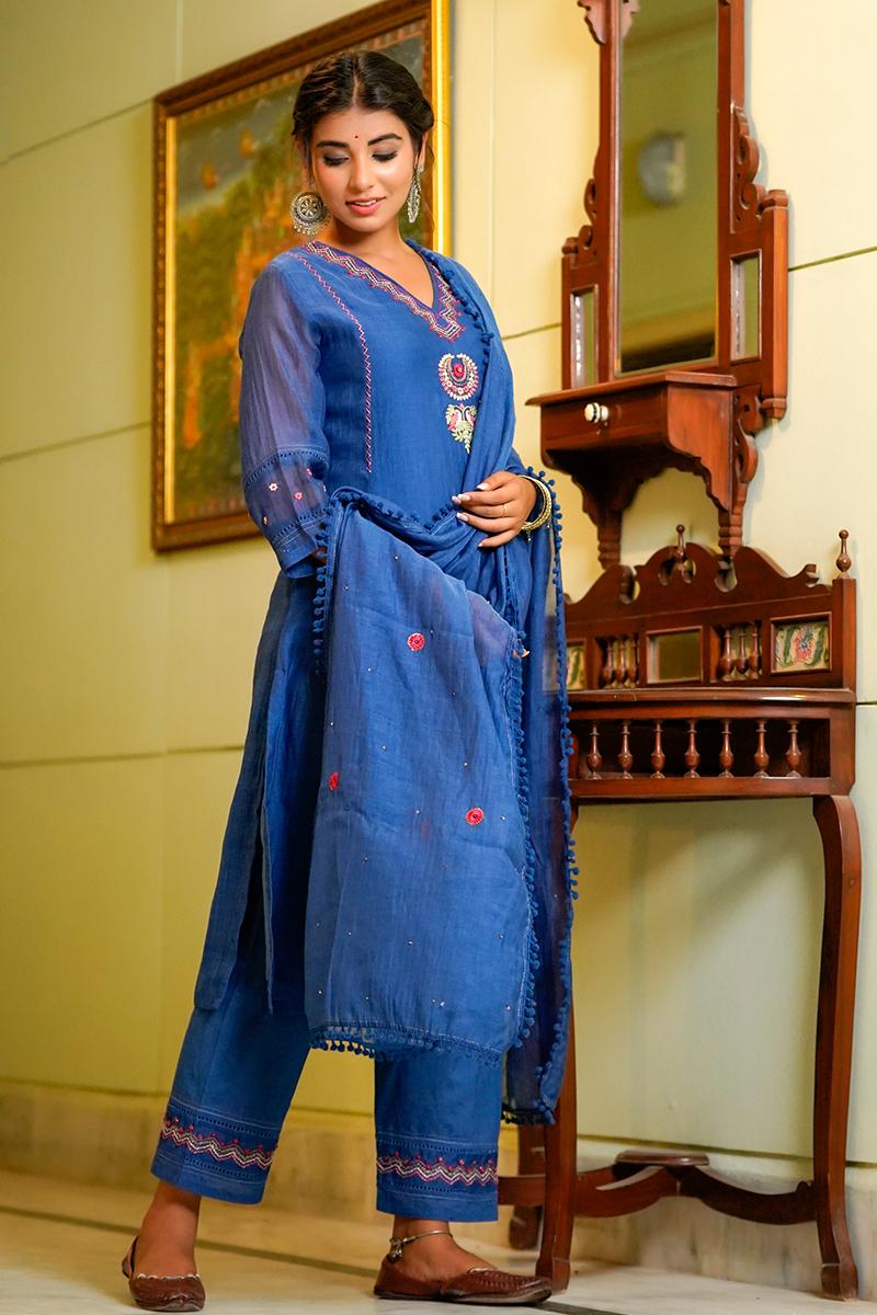 Royal Blue Emebroidery Chanderi Dupatta