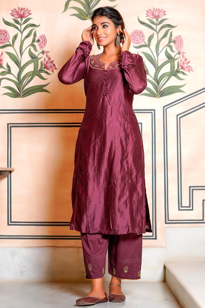 Wine  Embroidered Chanderi Kurta