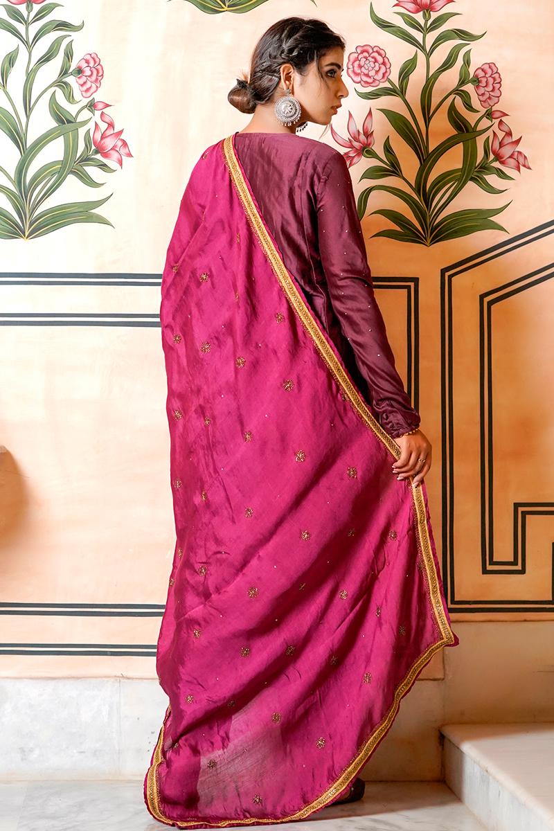 Wine  Embroidered Chanderi Kurta