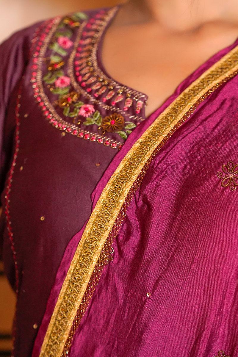 Wine  Embroidered Chanderi Kurta