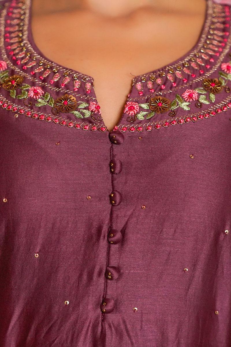 Wine  Embroidered Chanderi Kurta