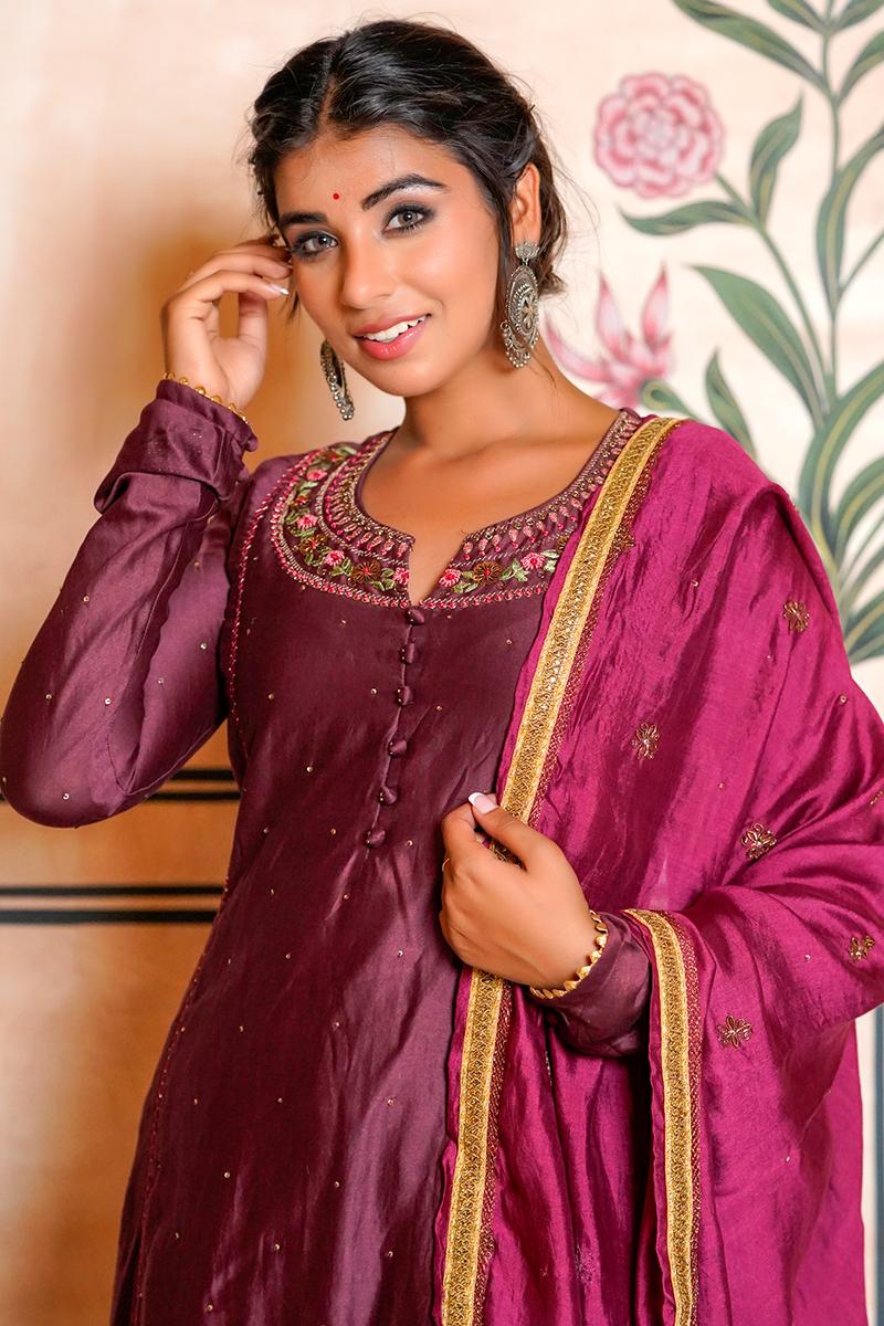 Wine  Embroidered Chanderi Kurta