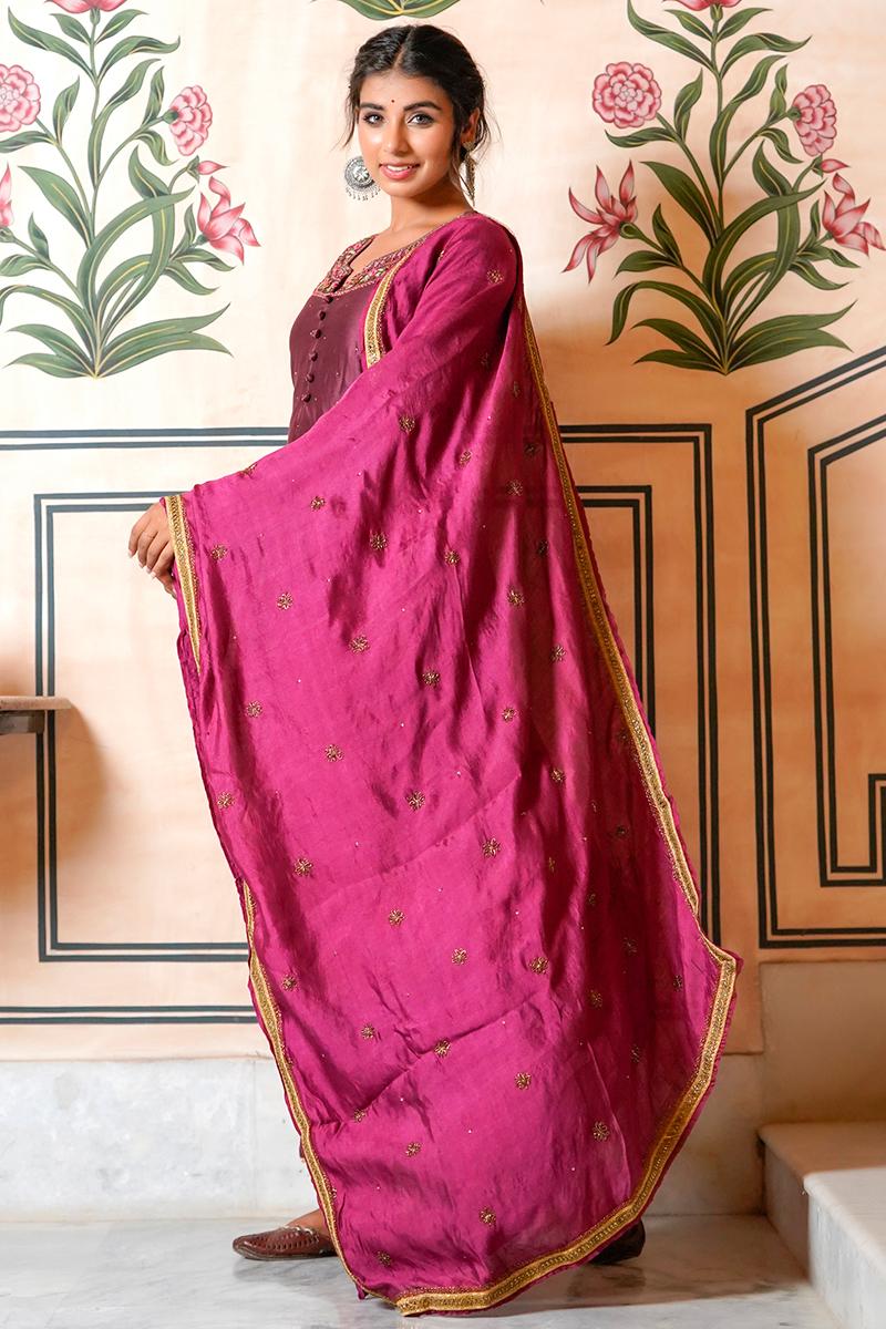 Wine  Embroidered Chanderi Dupatta