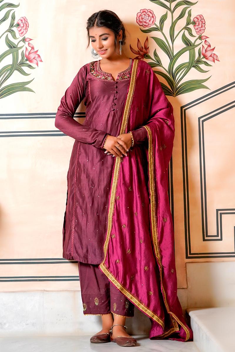 Wine  Embroidered Chanderi Kurta