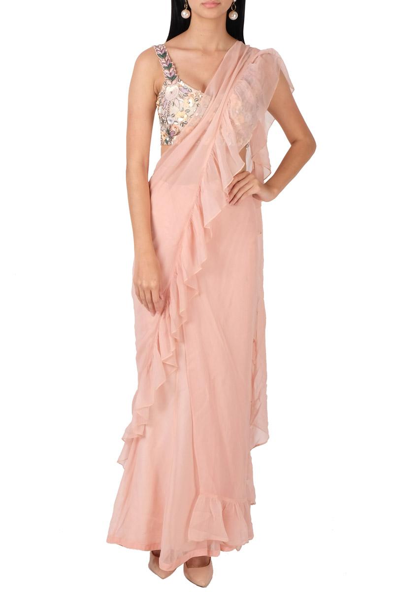 Peach ruffle saree