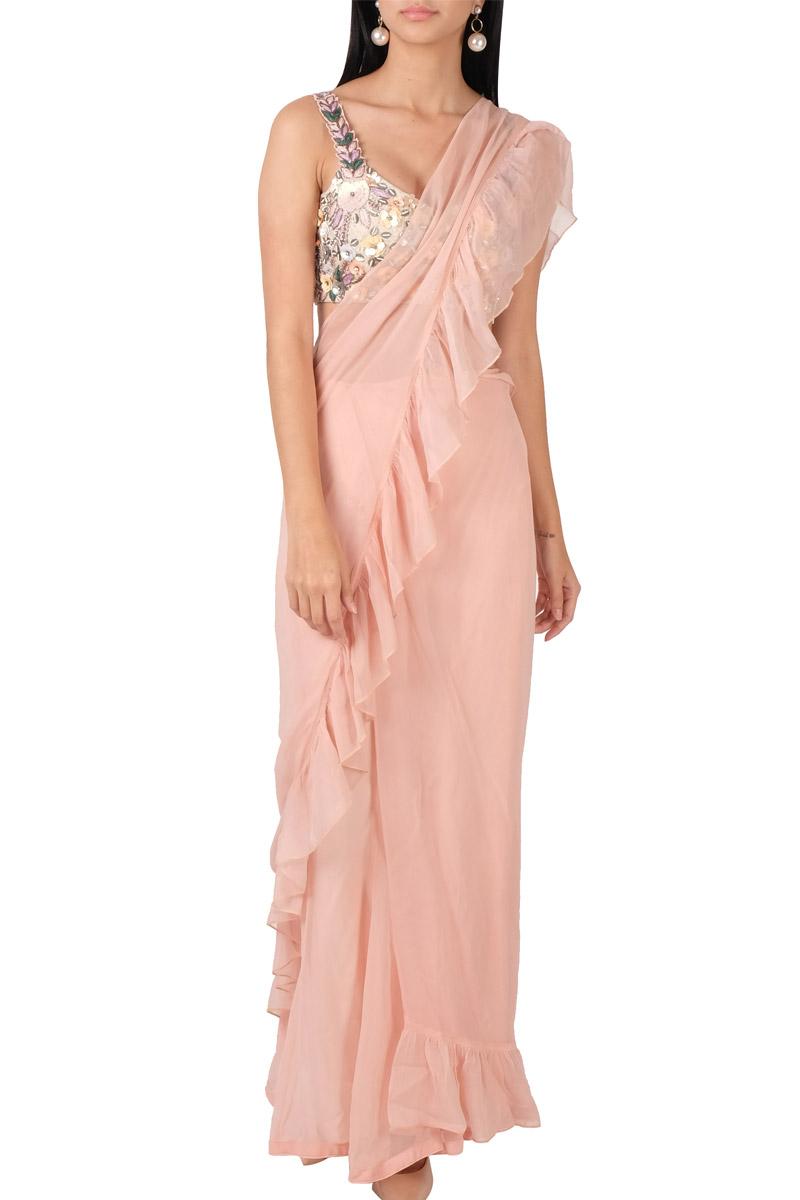 Peach ruffle saree