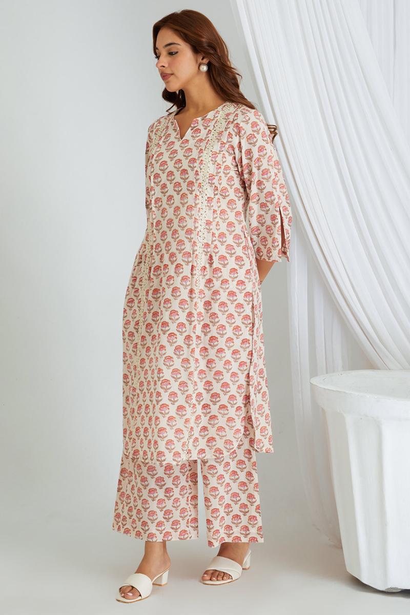 White Pink Hand Block Printed Cotton Kurta with Palazzo- Set of 2