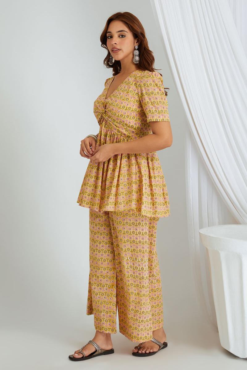 Mustard Yellow Hand Block Printed Cotton Co-ord Set - Set of 2