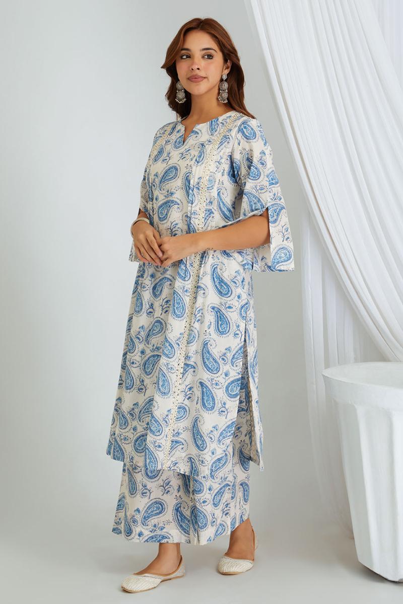 White Blue Hand Block Printed Cotton Kurta with Palazzo- Set of 2