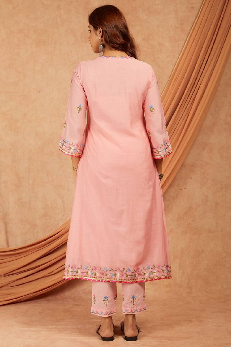 Pink Chanderi Aari Embroidery Kurta with pants- set of 3