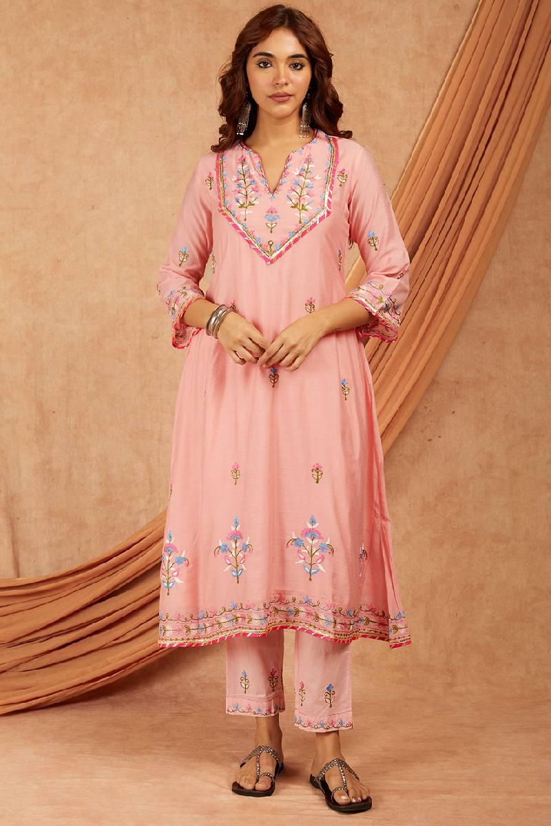 Pink Chanderi Aari Embroidery Kurta with pants- set of 3