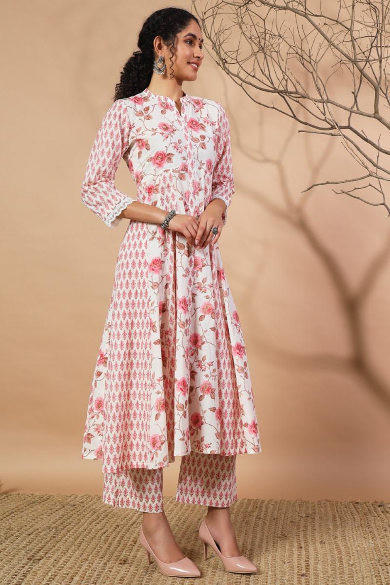 White Light Pink Printed Cotton Kurta with Pants- Set of 2