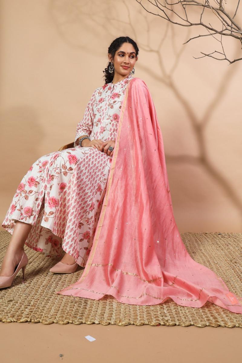 Light Pink Mukaish Work Chanderi Silk Dupatta