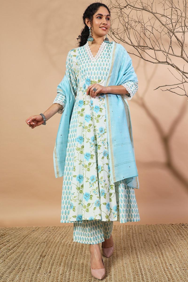 White Blue Printed Cotton Kurta with Pants- Set of 2