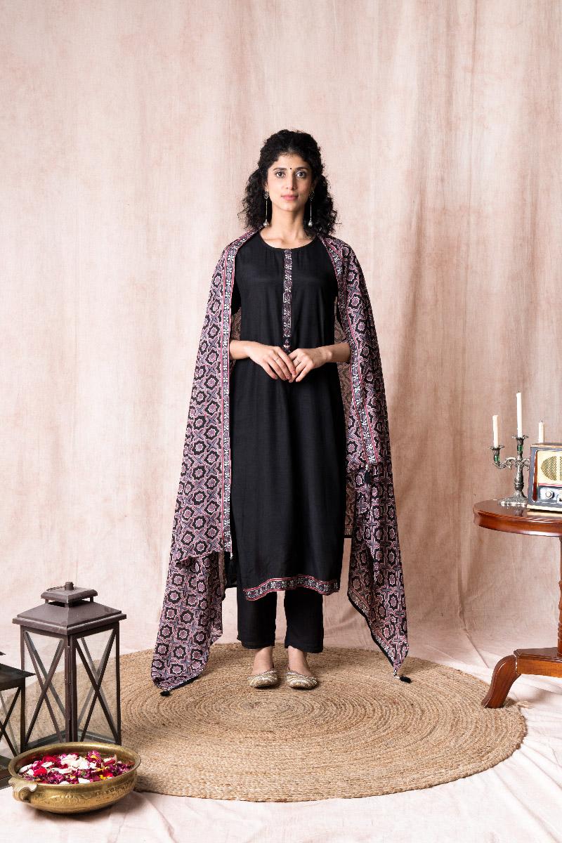 Black Embroidered Muslin Suit Set - Set of 3