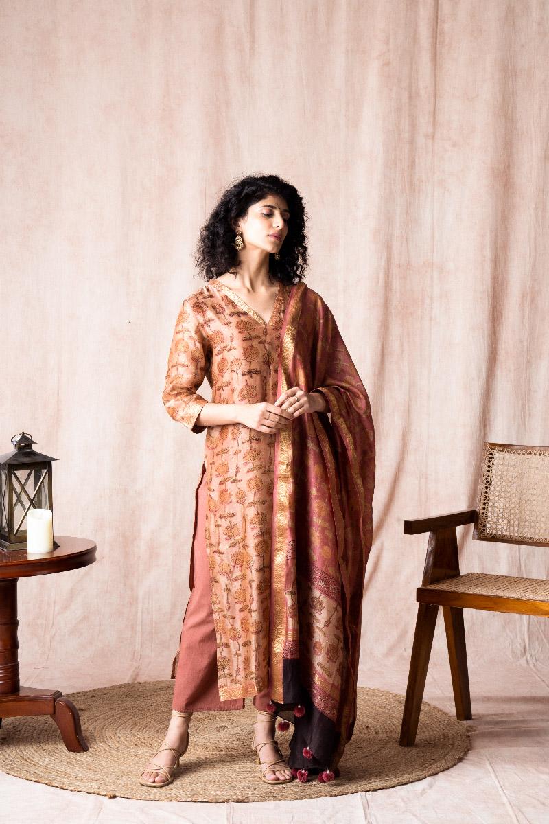 Peach Chanderi Suit Set - Set of 3