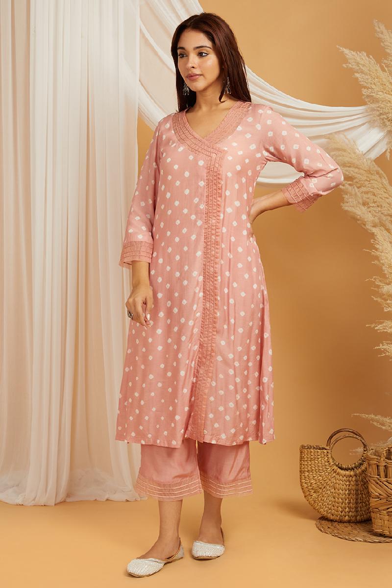 Peach Bandhani Cotton Silk Kurta