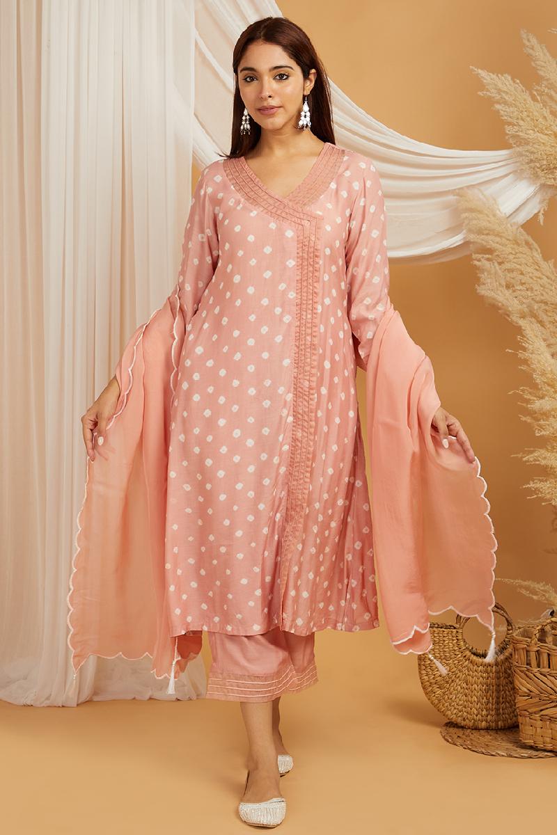 Peach Bandhani Cotton Silk Suit - Set of 3