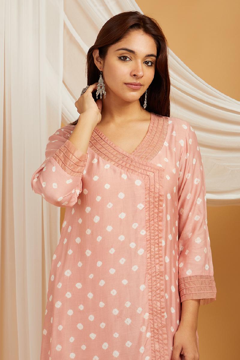 Peach Bandhani Cotton Silk Kurta