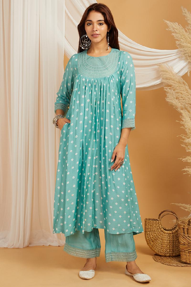 Sea Green Bandhani Cotton Silk Kurta