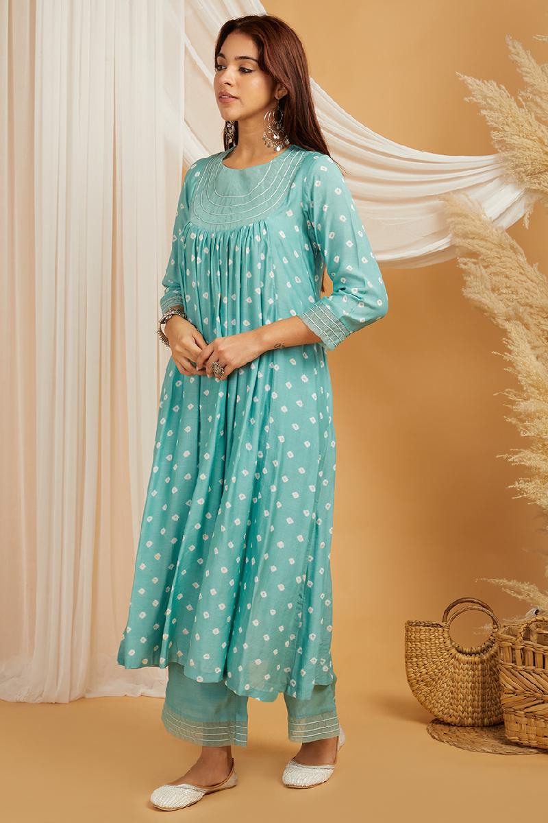 Sea Green Bandhani Cotton Silk Kurta