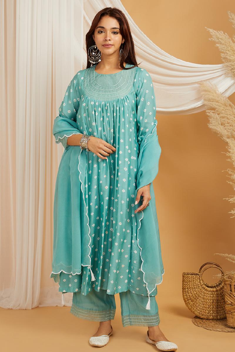 Sea Green Bandhani Cotton Silk Suit - Set of 3