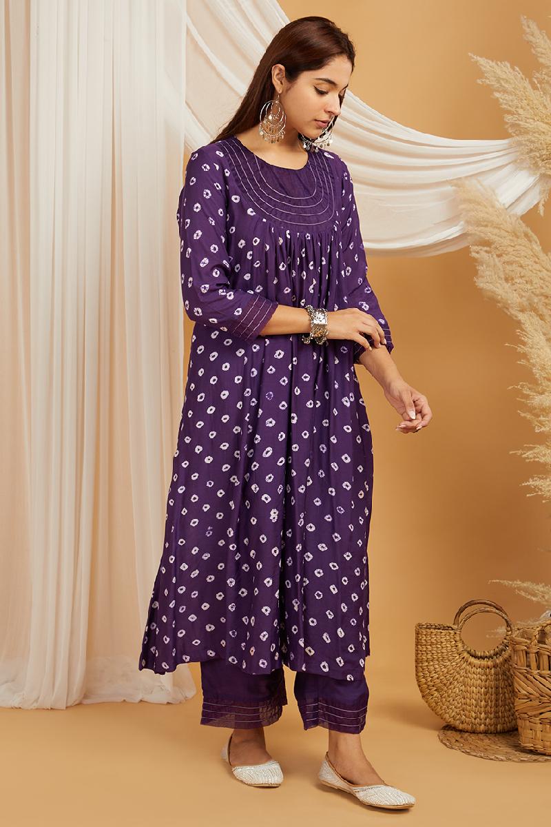 Purple Bandhani Cotton Silk Suit - Set of 3