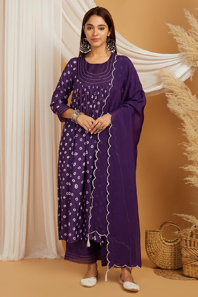 Purple Bandhani Cotton Silk Suit - Set of 3