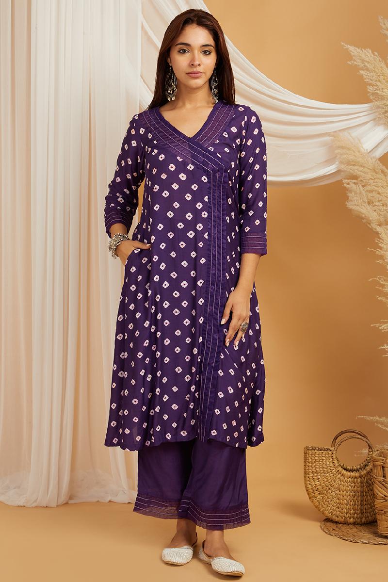 Purple Bandhani Cotton Silk Kurta