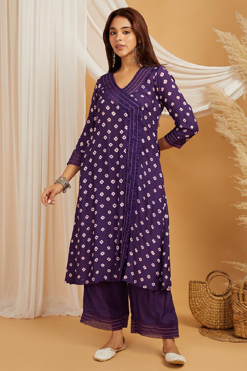 Purple Bandhani Cotton Silk Suit Set of 3