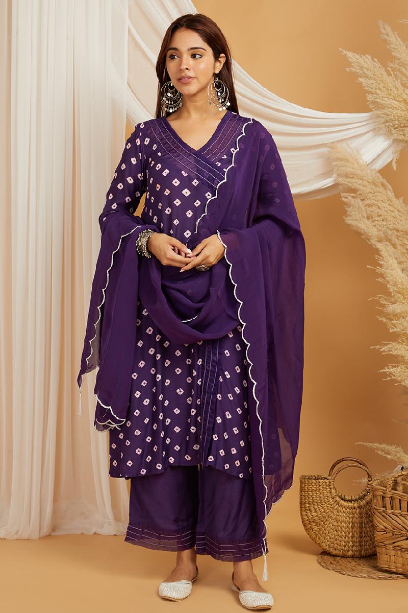 Purple Bandhani Cotton Silk Suit Set of 3