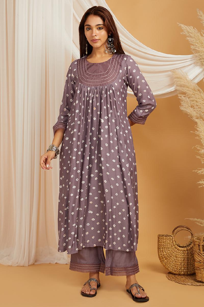 Mauve Bandhani Cotton Silk Kurta