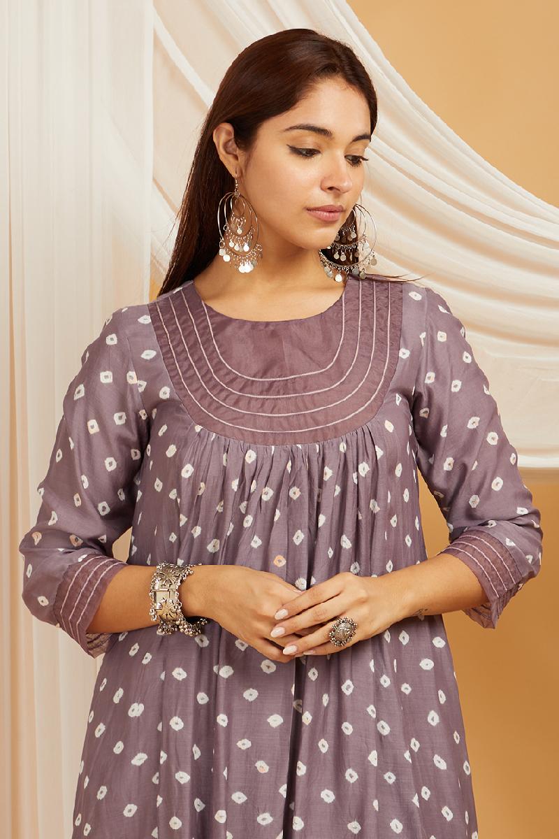 Mauve Bandhani Cotton Silk Kurta