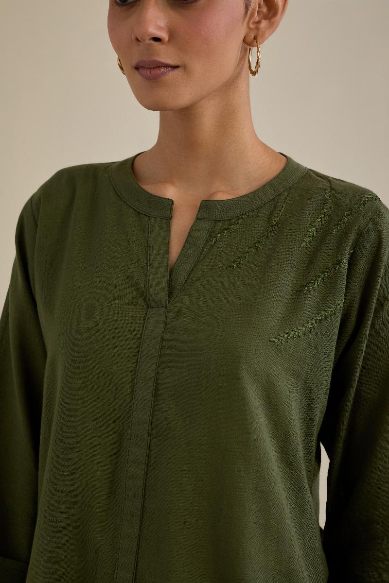 Olive Green Embroidered Cotton Viscose Co-ord Set- Set of 2