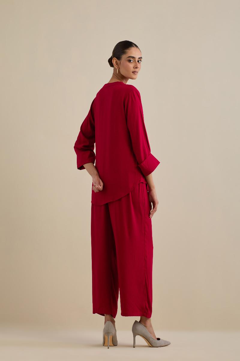 Red Embroidered Cotton Viscose Co-ord Set- Set of 2