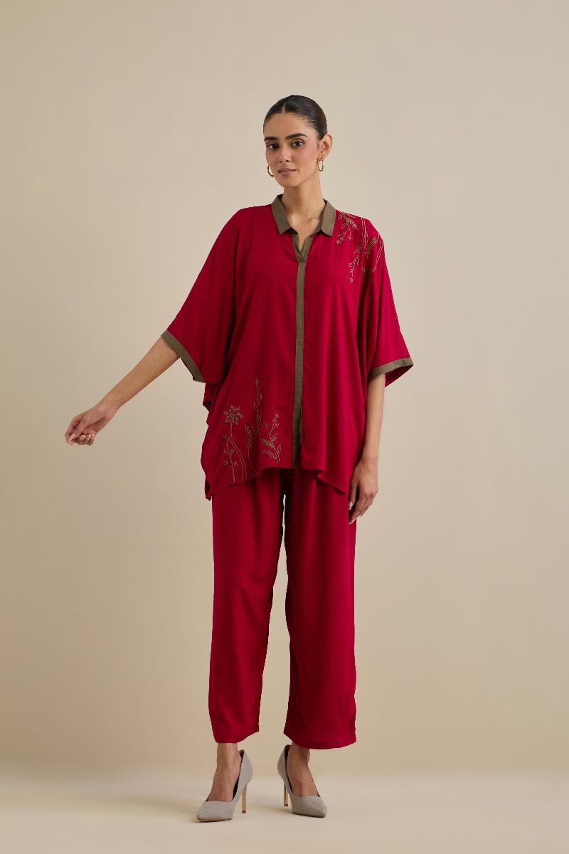 Red Embroidered Cotton Viscose Co-ord Set- Set of 2