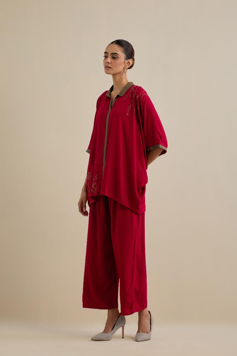 Red Embroidered Cotton Viscose Co-ord Set- Set of 2