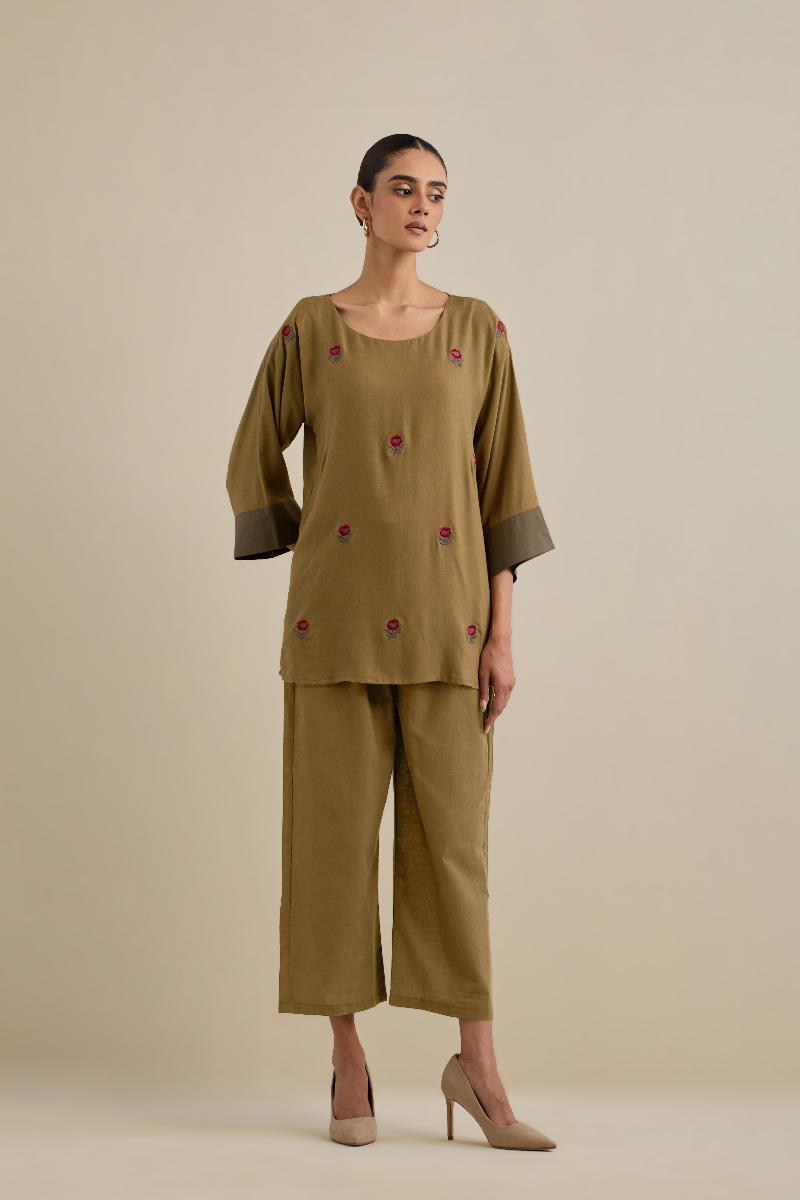 Brown Embroidered Cotton Viscose Co-ord Set- Set of 2