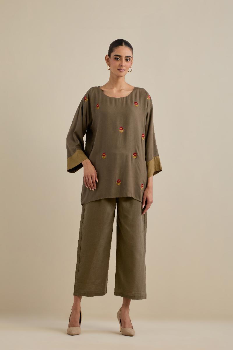 Brown Embroidered Cotton Viscose Co-ord Set- Set of 2